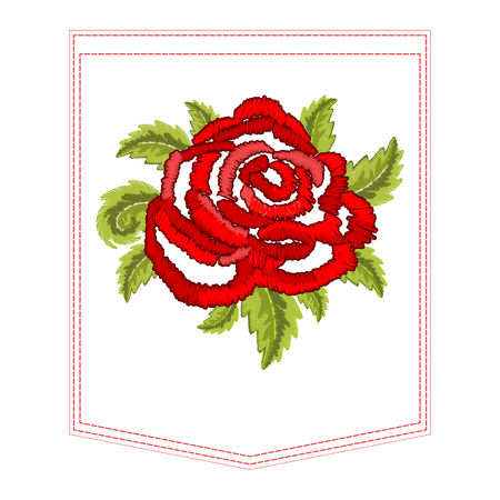 Red rose embroidery for clothing pocket. Floral Embroidered Pattern for Fabric on white background. Red Flowers. Vector illustrationのイラスト素材