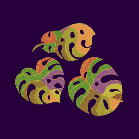 Palm leaves embroidered. Tropical Monstera leaves embroidery on violet background. Set. Vector illustrationのイラスト素材