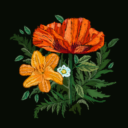 Vector floral embroidery design on black background. Red Poppy and yellow Lily flowers. Vector illustrationのイラスト素材