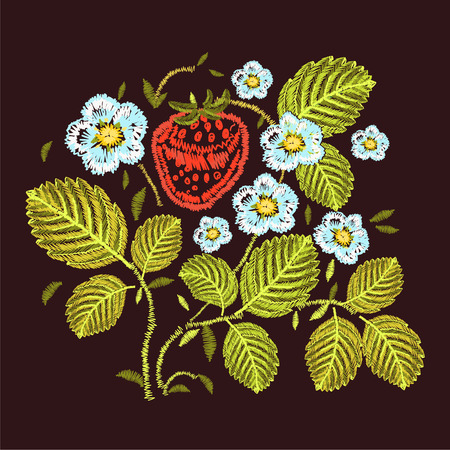 Strawberry. Flowers and leaves. Berry Nature. Fashion Embroidery design. Print for fabric. Vector illustrationのイラスト素材