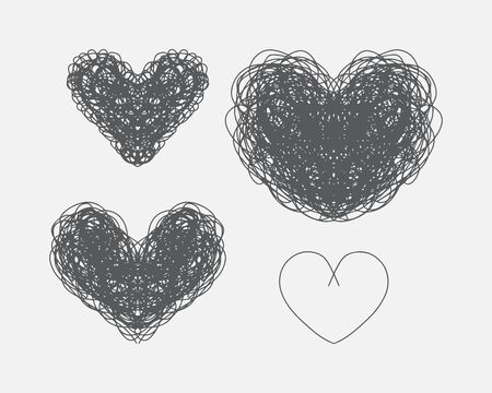 Heart consist of lines. Hearts designs set. Black and white linear hand drawn art for card, posters, fabric print. Vector illustration.のイラスト素材