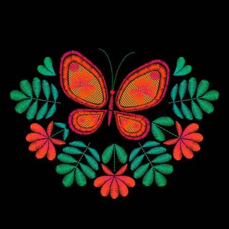 Roses and Butterfly Embroidery on black background Vector illustrationのイラスト素材