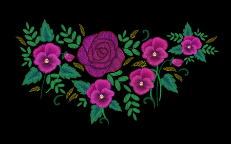 Rose and Pansies Embroidery on black background Vector illustrationのイラスト素材