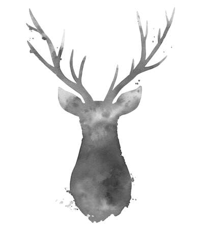 Silhouette of a deer. Abstract animal. Gray watercolour illustration isolated on white background.の写真素材