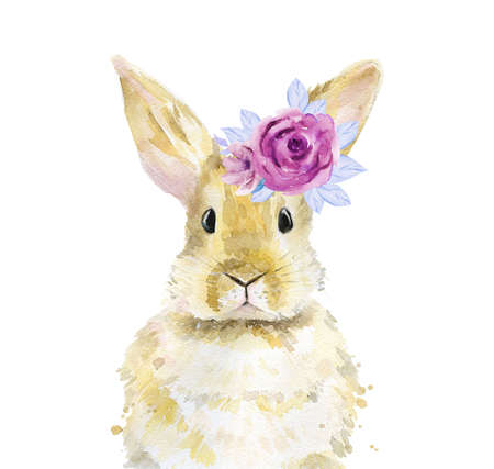 Rabbit with flowers on the head. Watercolour illustration isolated on white background.の写真素材