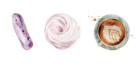 Desserts set. Lavender eclairs, marshmallow and coffee cup. Food samples for a restaurant menu. Watercolour illustration isolated on white background.の写真素材
