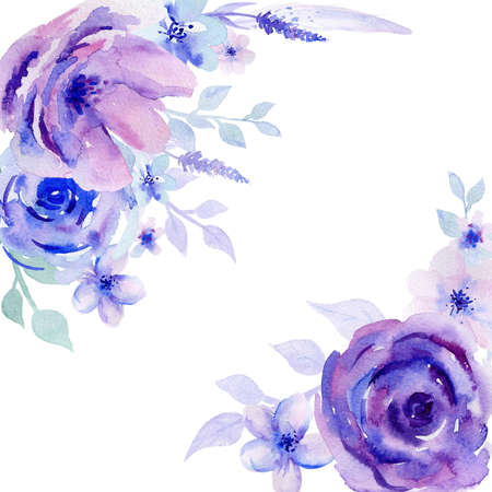 flower frame. Designs for wedding invitation, greeting, poster, post card, card. Watercolor illustration on white background.の写真素材