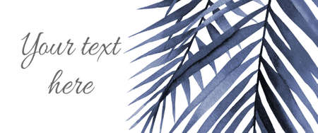 Banner with blue palm branches. Template for web sites with empty space for a text. Watercolor illustration on a white background.の写真素材