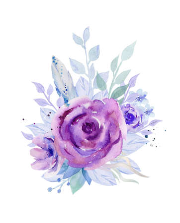 Purple flower bouquet. Abstract blue flowering. Watercolour illustration isolated on white background.の写真素材