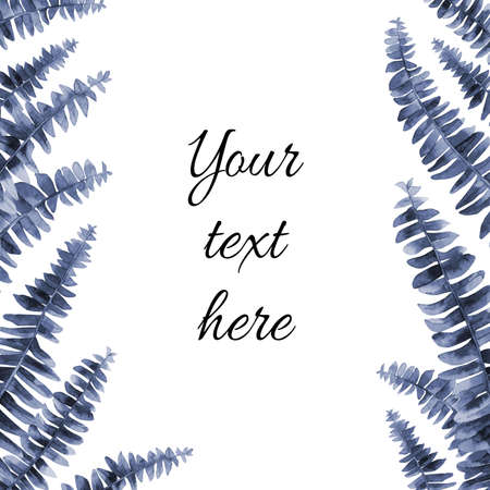 Blue leaf frame with empty space for text. Fern plant border. Design for card, social media post, bag, pillow, postcard, sticker. Watercolour illustration on white background.の写真素材
