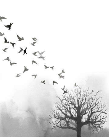 Flock of birds. Monochrome and minimalist landscape. Watercolour illustration on white.の写真素材