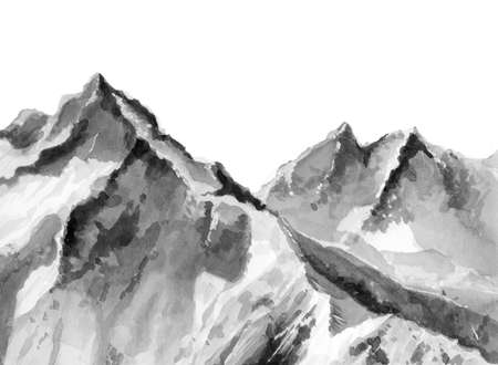 Monochrome mountains. Minimalist landscape. Grey nature view. Black and white peaks. Design for poster, calendar, wallpaper, card, postcard, mural. Watercolour illustration on white background.の写真素材