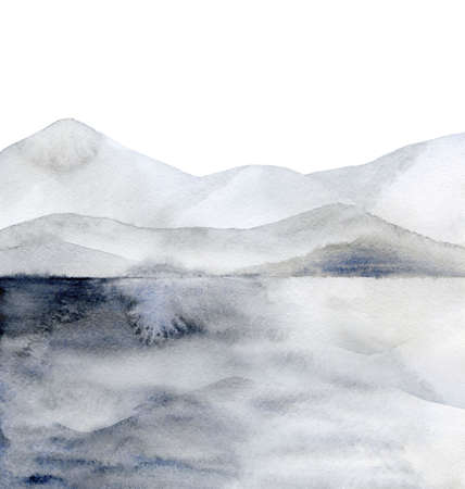 Minimalist landscape. Grey blue hills. Abstract painted mointains. Watercolour illustration on white background.の写真素材