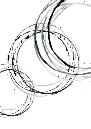 Black and white circle lines. Hand-drawn circle. Monochrome design for posters, textile pattern. Watercolor illustration on white background.の写真素材