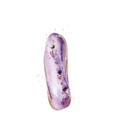 Lavender eclair. Watercolour pastry. Painted desert. Food illustration isolated on white background.の写真素材