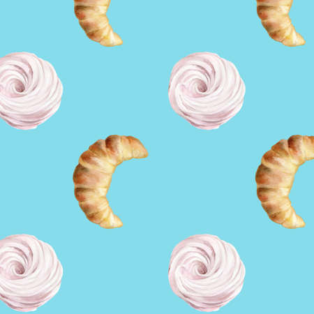 Watercolor sweet food pattern. Hand painted croissant and marshmallow seamless background. Illustration on blue.の写真素材