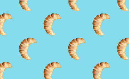 Watercolour food pastry pattern. Hand painted croissant seamless background. Illustration on blue.の写真素材