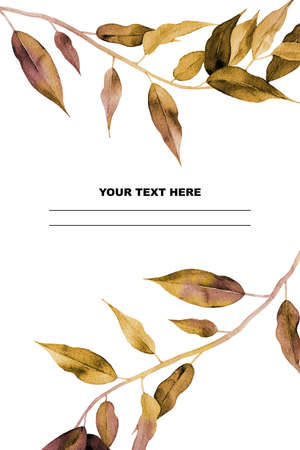 Green ficus branches frame. Watercolour plant design for a greeting, wedding invitation, postcard, card, notebook. Painted background with empty space in the middle. Botanical Illustration on white.の写真素材