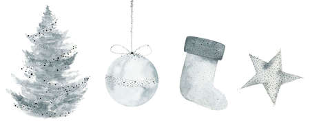 Silver Christmas decor. Holiday winter decor set. The ball, star, sock and Christmas tree. Watercolour illustration on white background.の写真素材