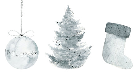 Set of Minimalistic hand drawn Christmas elements. Silver Christmas ball, fir tree and sock. Watercolour illustration on white background.の写真素材