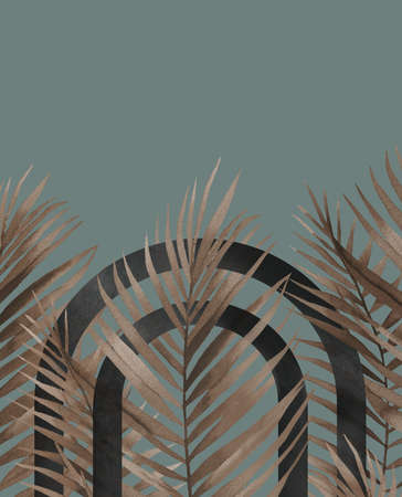 Modern abstract geometry shapes with tropical leaves. Mid century modern art. Abstract plant background.の写真素材