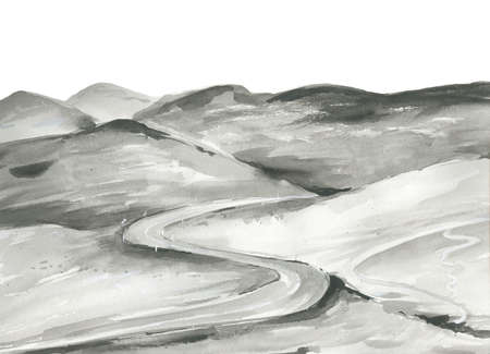 Watercolour abstract Landscape. Road and Mountains. Watercolor illustration on white background.の写真素材