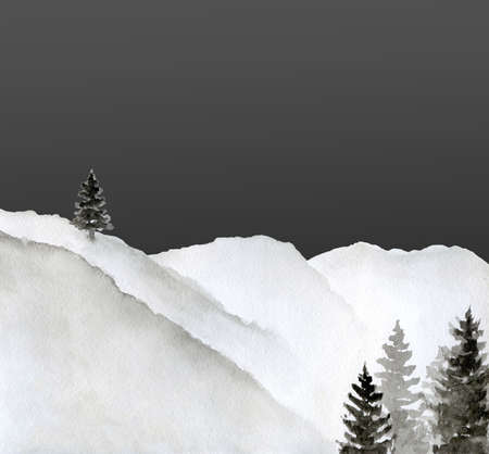Minimalist landscape. Mountains, trees and dark sky. Monochrome hills Watercolour illustration on white background.の写真素材