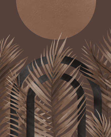 Modern abstract geometry shapes. Dry Tropical Palm leaves with black arches on brown background. Mid century modern art.の写真素材