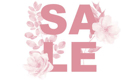 Pink Sale Sign from pink watercolor flowers and branches on the white background. Inscription with watercolour illustration.の写真素材