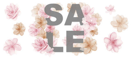 Sale Sign from pink watercolor flower set on the white background. Inscription with floral watercolour illustration.の写真素材
