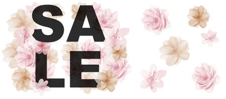 Sale Sign from pink beige watercolor flower set on the white background. Inscription with floral watercolour illustration.の写真素材