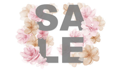 Sale Sign Banner and Pink watercolor Flowers on the white background. Floral Inscription with watercolour illustration.の写真素材