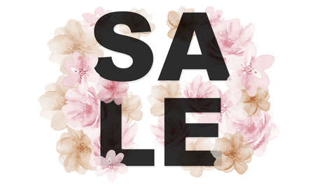Flower Sale letters with pink flowers alphabet isolated on white background. Floral advertisement with watercolour illustration.の写真素材