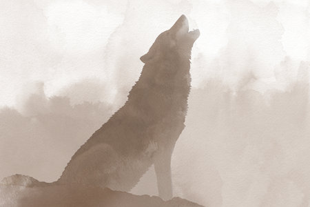 Wolf profile. Abstract Watercolor howling Wolf illustration on beige background.の写真素材