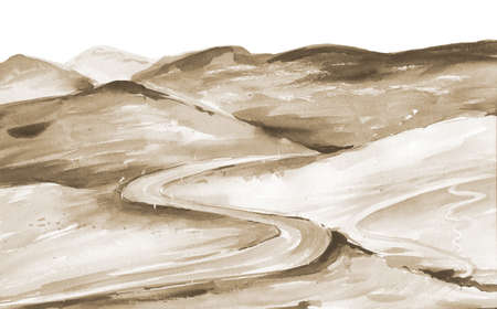 Watercolour hills and road. Watercolor landscape illustration on white background.の写真素材