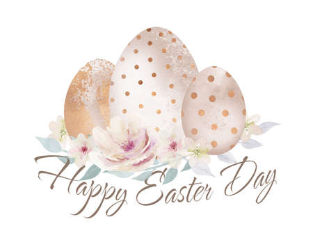 Easter card design with eggs on flowers and leaves, watercolour illustration isolated on white background.の写真素材