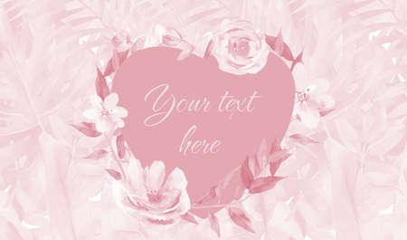 Watercolour Floral Frame in shape of Heart on pink background. Watercolor Flower plant background for Valentines Day design.の写真素材