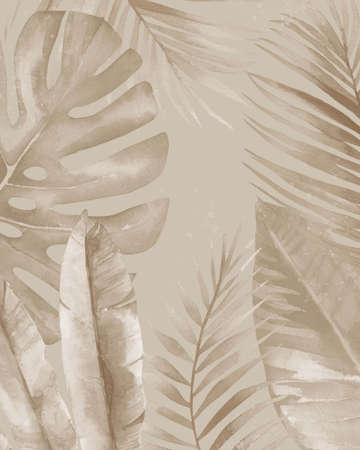 Botanical background tropical design. Watercolour illustration on beige background.の写真素材
