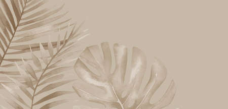 Tropical Background. Watercolor illustration on beige Background. Dried monstera, palm leaves.の写真素材