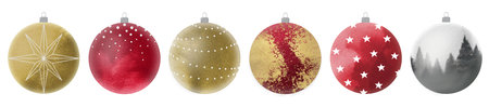 Red Christmas balls isolated on white background. Watercolor Collection different Christmas ball template. New year toy decorationの写真素材
