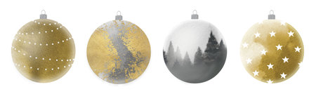 Winter Holiday Decor Set. Watercolor Gold Silver Christmas Ball Collection isolated on white.の写真素材