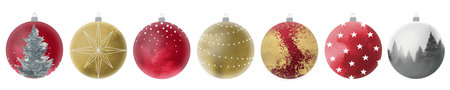 Red Gold Christmas ball set isolated on white background. Water Color Collection different Christmas balls template. New year toy decorationの写真素材
