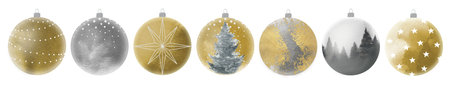 Xmas Toys isolated on white background. Gold Watercolour Ball Collection Nice Christmas decor template. New year toy decorationの写真素材