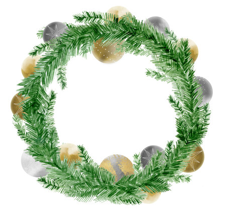 Christmas Wreath Holiday Winter Decor. Silver Gold Illustration with Watercolour effect isolated on white background.の写真素材