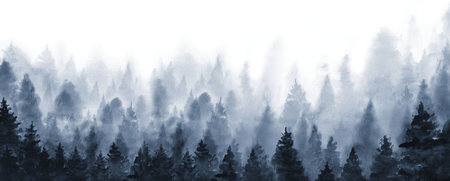Forest Tree Winter Dark Nature Landscape. Watercolour illustration isolated on white background.の写真素材