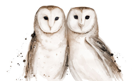 Owl Couple Watercolor isolated on white background. Watercolour Brown Bird Art illustrationの写真素材