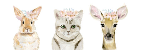 Animal floral set. Watercolor Flower Wreath Cute animals Rabbit Cat Deer heads on whiteの写真素材