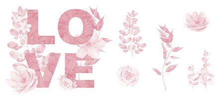14 February Valentines day pink flower sign set. Watercolour pastel holiday collection 14 February Dayの写真素材