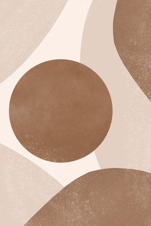 Brown abstract art background. Brown shapes with watercolour texture on beige. Mid century aesthetic art.の写真素材