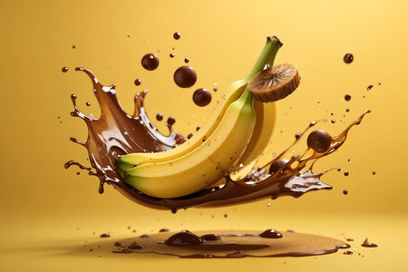 Energetic Banana Soaring Through Chocolate Wavesの素材